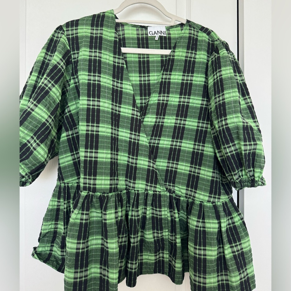 Ganni Green and Black Plaid Top